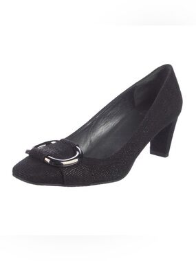 Stuart Weitzman Black Textured Heels with Polished Silver Buckle